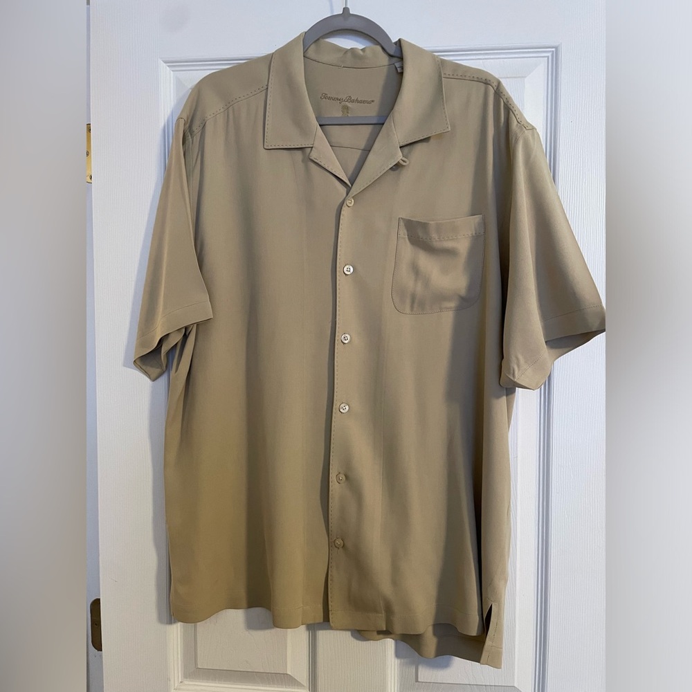 Tommy Bahama Tan/brown Mens L Shirt 100% Silk Button Up With Contrast Stitching